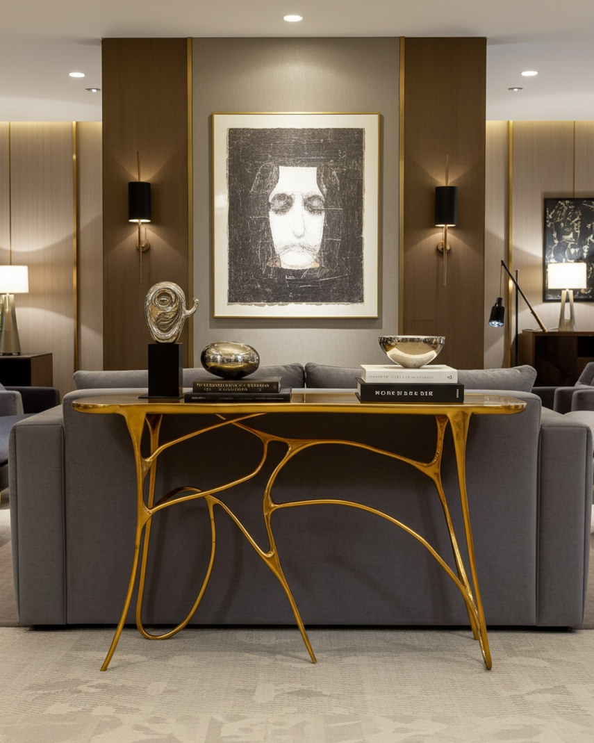 Modern living room with a luxury handmade gold brass console table, gray sofa, and wall art.
