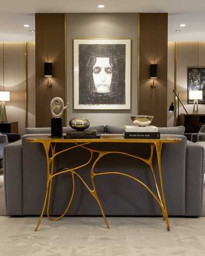 Modern living room with a luxury handmade gold brass console table, gray sofa, and wall art.