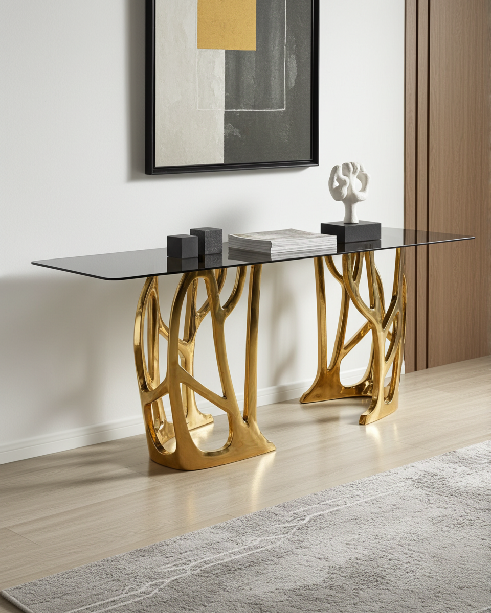 luxury handmade brass console table with glass top and decorative items in an entry way.