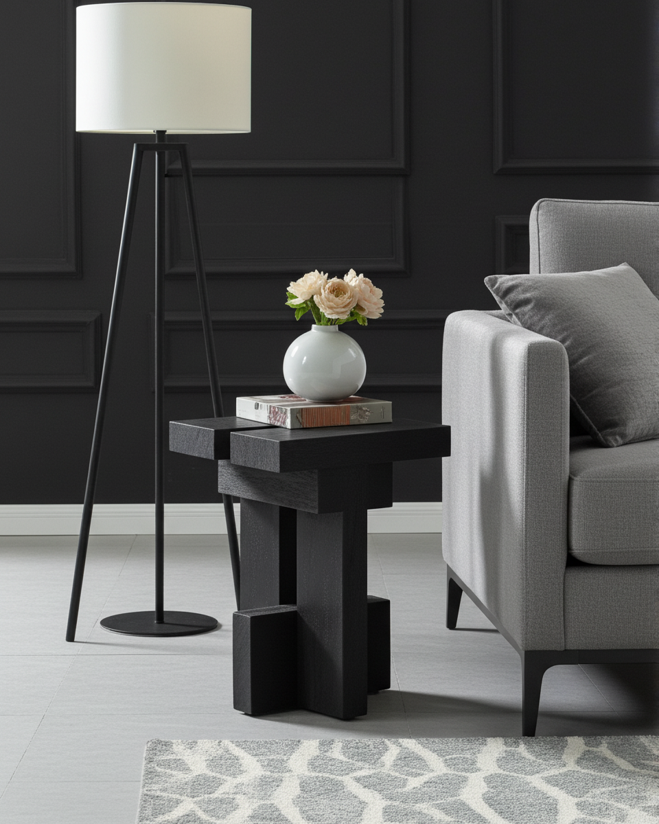Modern living room with a luxury handmade black wooden side table, gray armchair, and floor lamp.