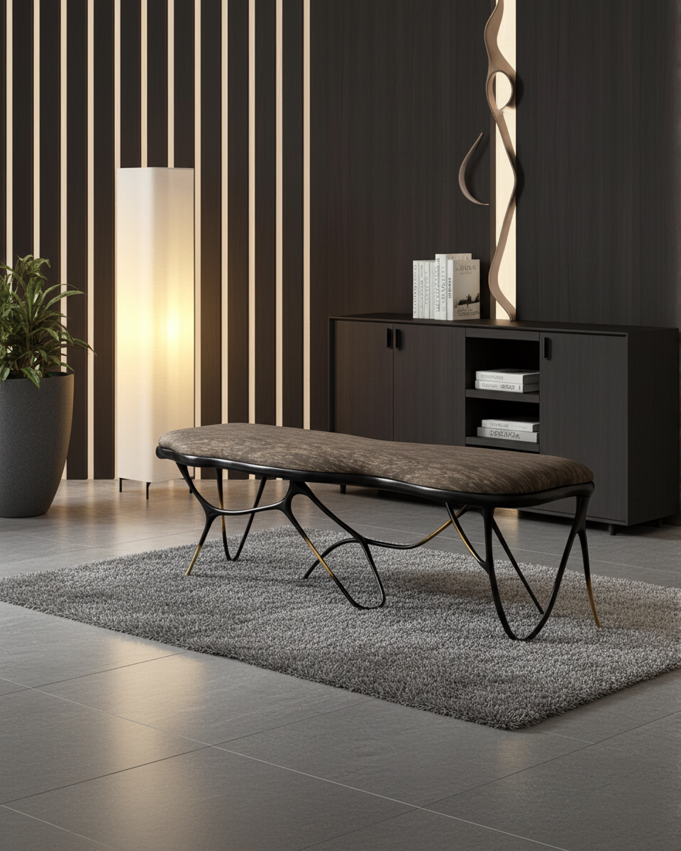 luxury handmade brass bench in a stylish room with striped walls and a sideboard.