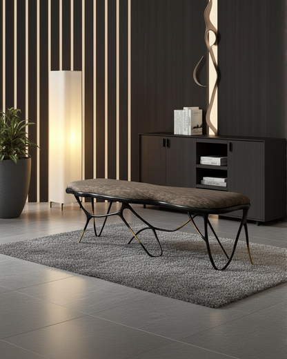 luxury handmade brass bench in a stylish room with striped walls and a sideboard.