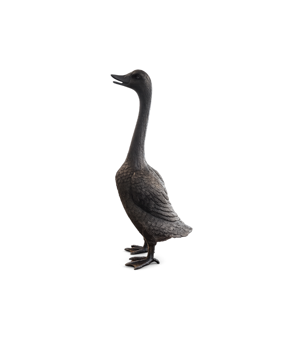 A bronze duck figurine, standing in profile against a solid white background.