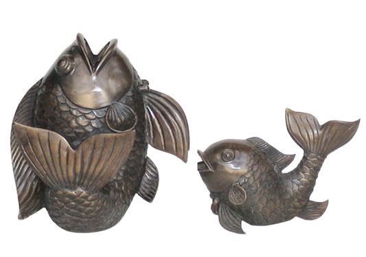 Two bronze luxury handmade furniture fish sculptures in different sizes, perfect for modern luxury decor, on a white background.