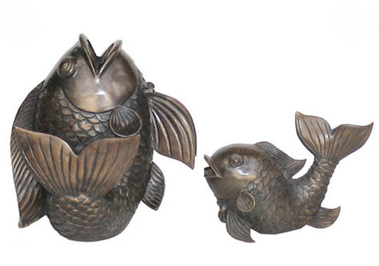 Two bronze luxury handmade furniture fish sculptures in different sizes, perfect for modern luxury decor, on a white background.