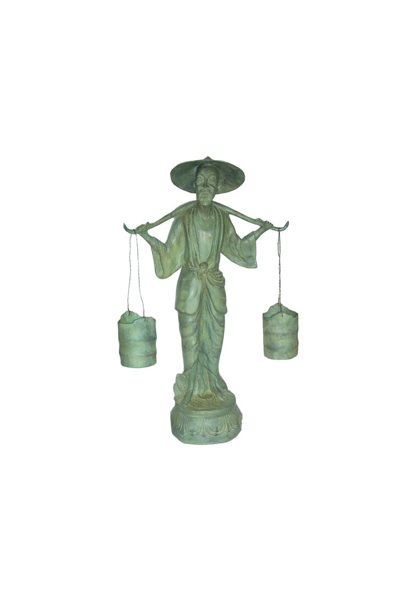 Bronze Statue in green of a person carrying two buckets on a white background