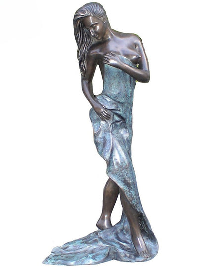 Bronze luxury handmade furniture statue of a woman with flowing hair and dress, ideal for modern luxury decor, on a white background