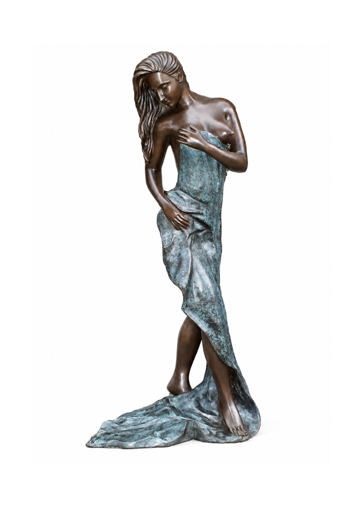 Bronze sculpture of a nude woman draped in a flowing gown, shown against a plain white background.
