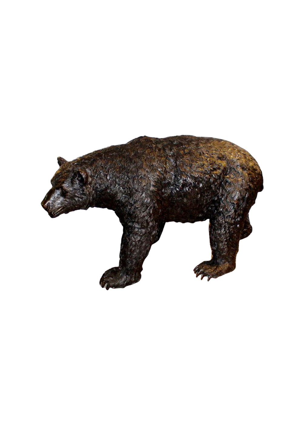 A dark bronze bear figurine shown in profile against a plain white background.