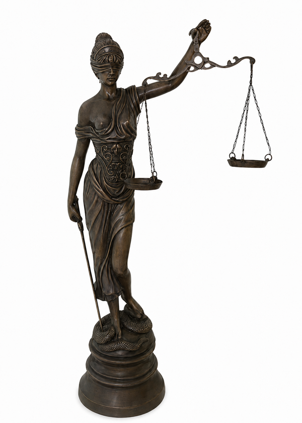 Bronze Statue of Lady Justice wearing a blindfold, holding a balanced scale in one hand and an upright sword in the other.