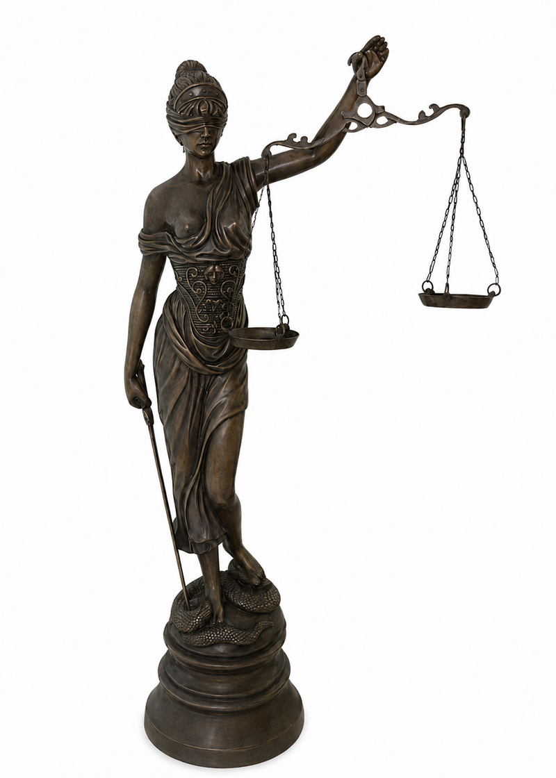 Bronze Statue of Lady Justice wearing a blindfold, holding a balanced scale in one hand and an upright sword in the other.