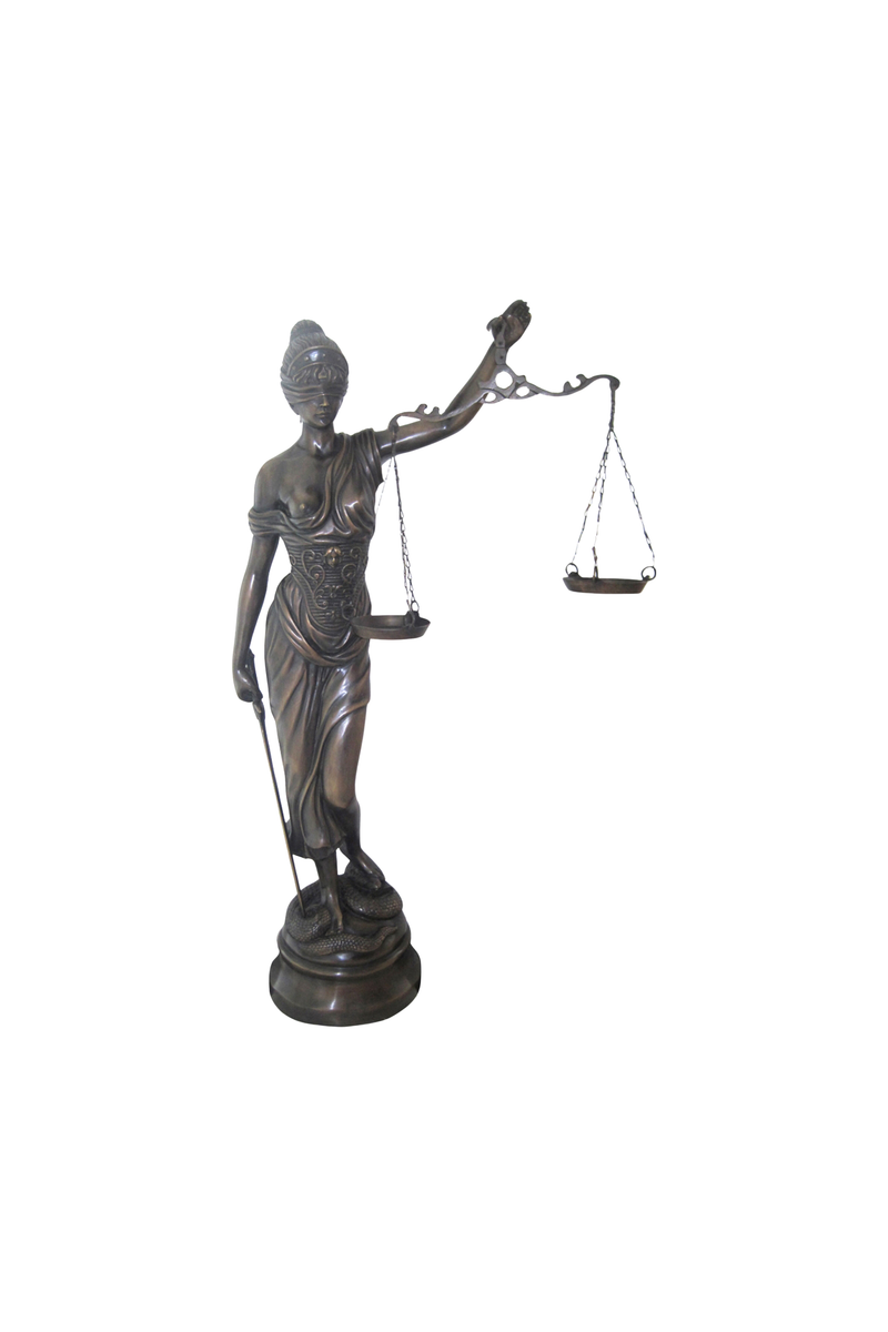 bronze Statue of a blindfolded woman holding scales on a white background