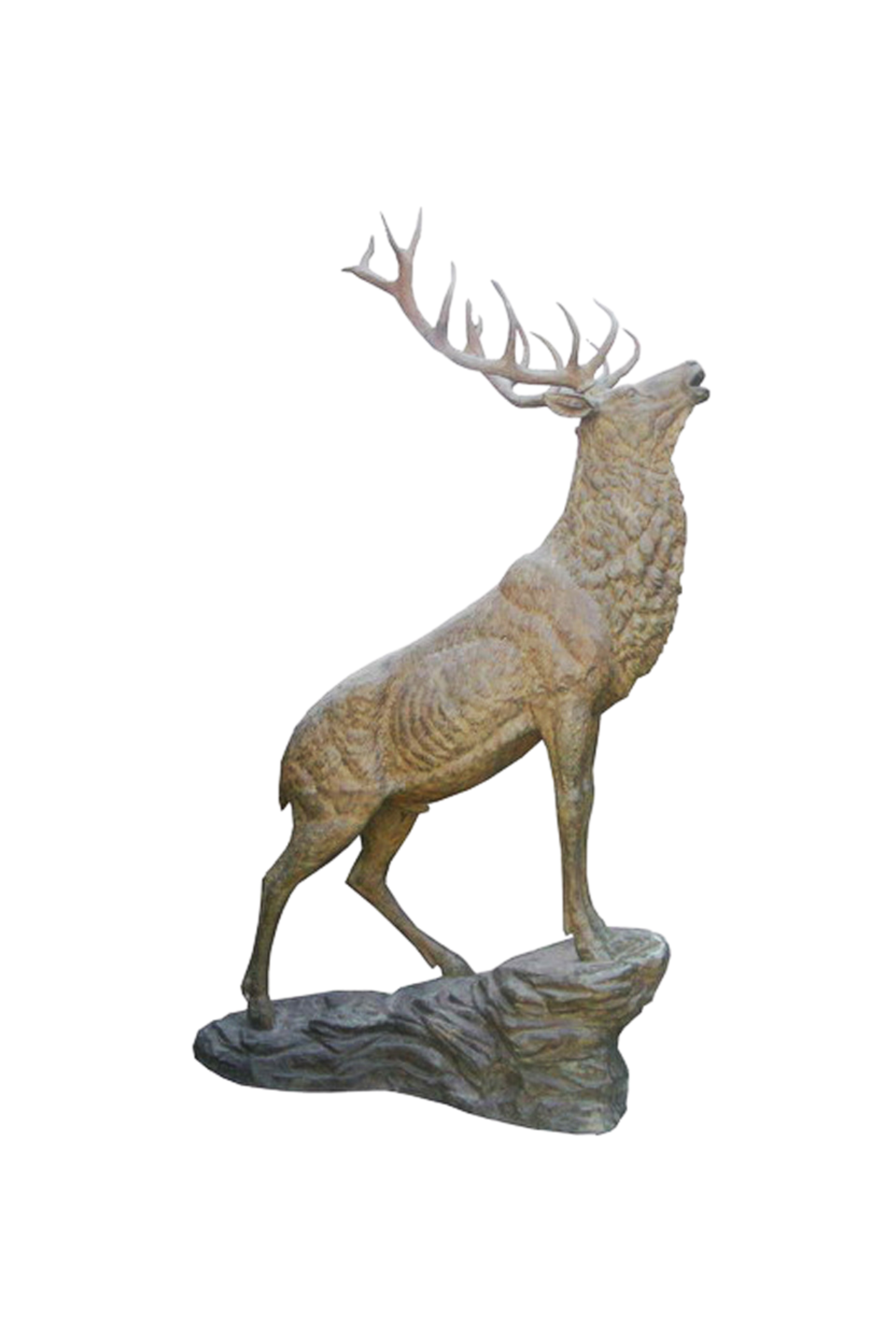 A standing deer facing the right side on a base in a white background. Luxury handmade statue.