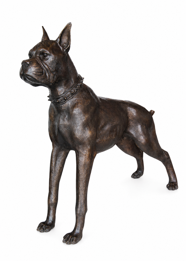 A bronze standing  bulldog statue, shown on a clean white background.