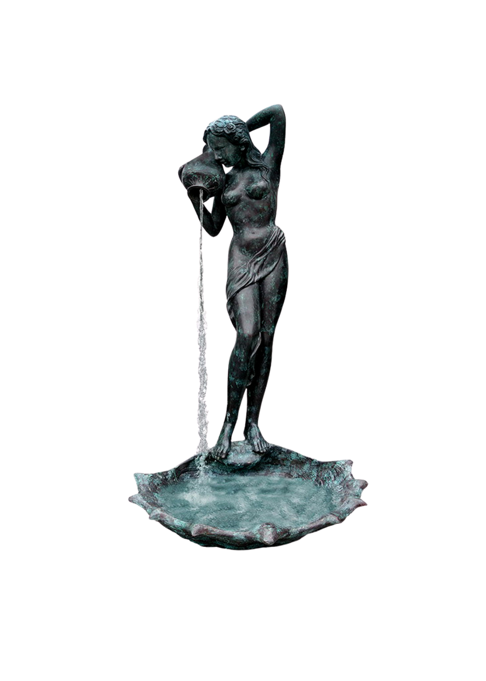 bronze Statue of a woman pouring water from a pitcher on a white background