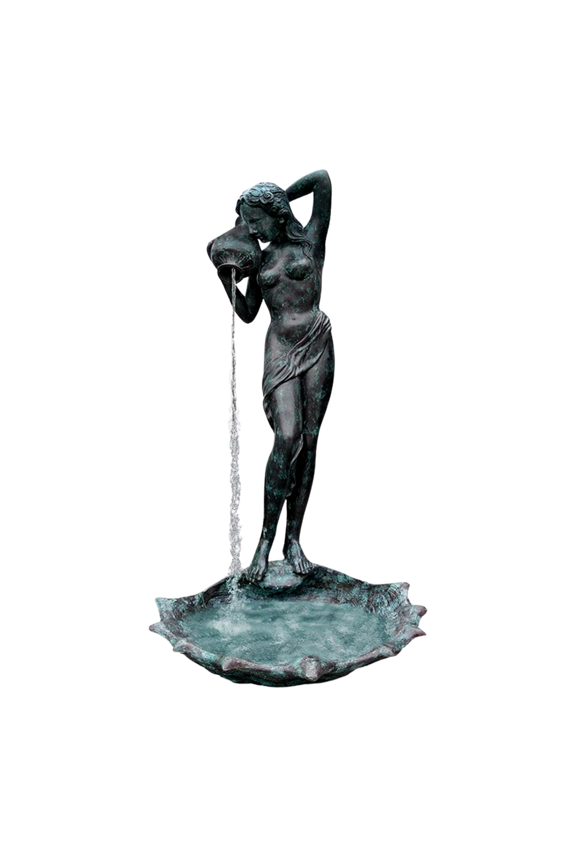 bronze Statue of a woman pouring water from a pitcher on a white background