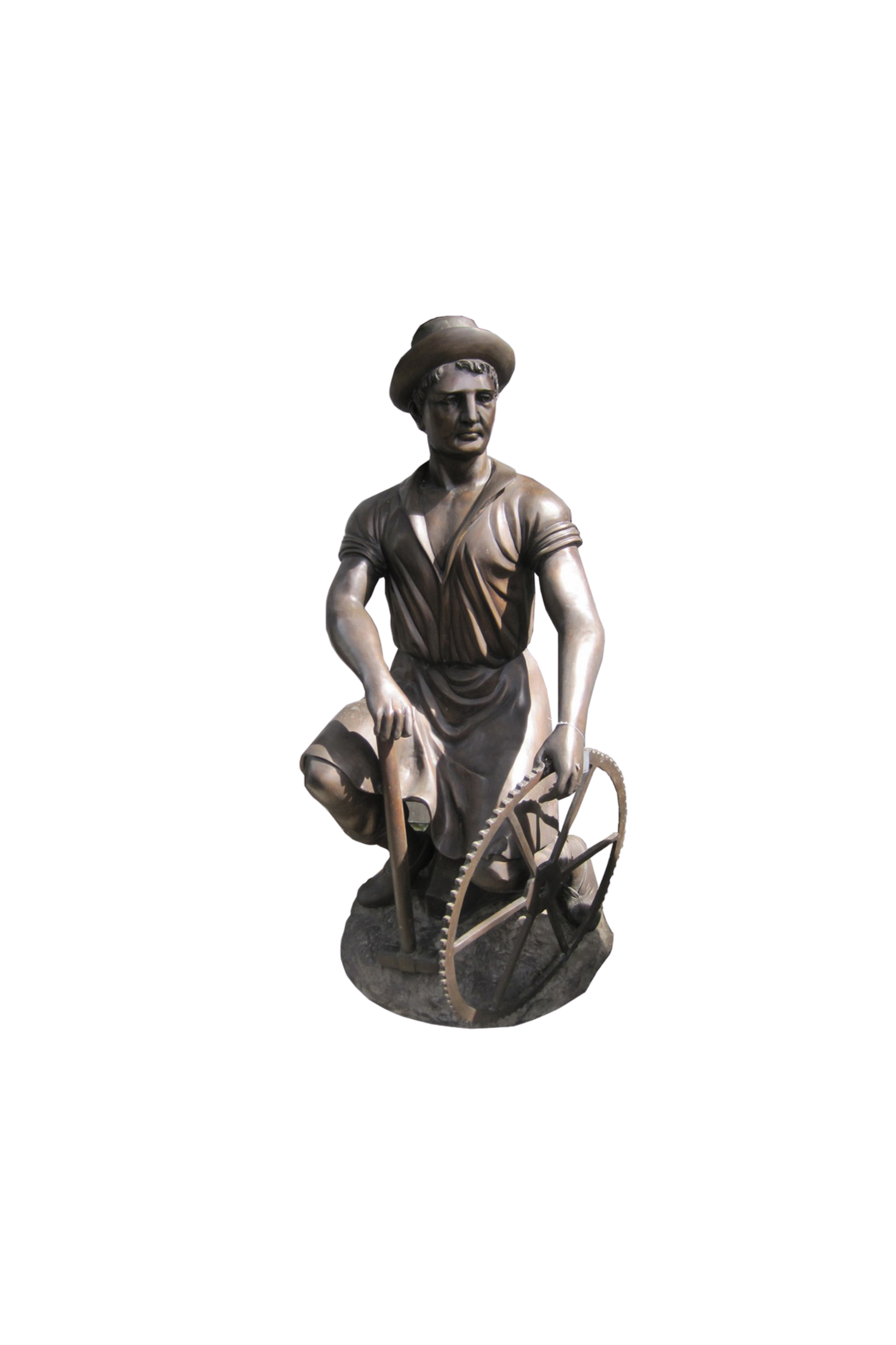 Bronze statue of a man with a hat and a steering wheel on a white background