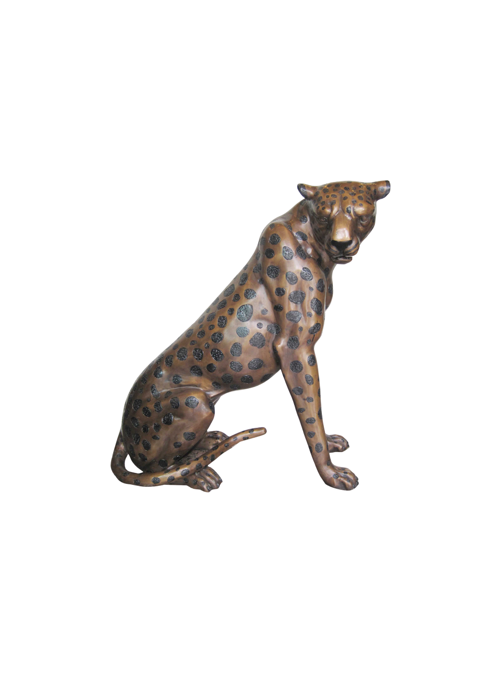 Bronze statue of a sitting leopard on a white background