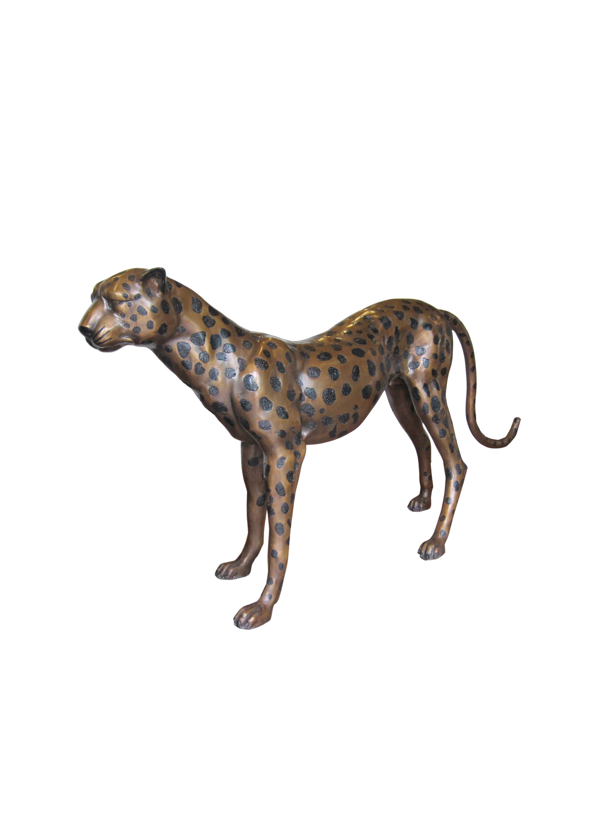 Bronze statue of a standing leopard on a white background