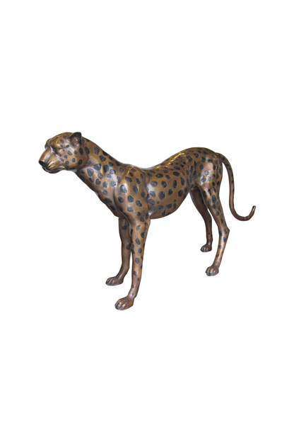 Bronze statue of a standing leopard on a white background