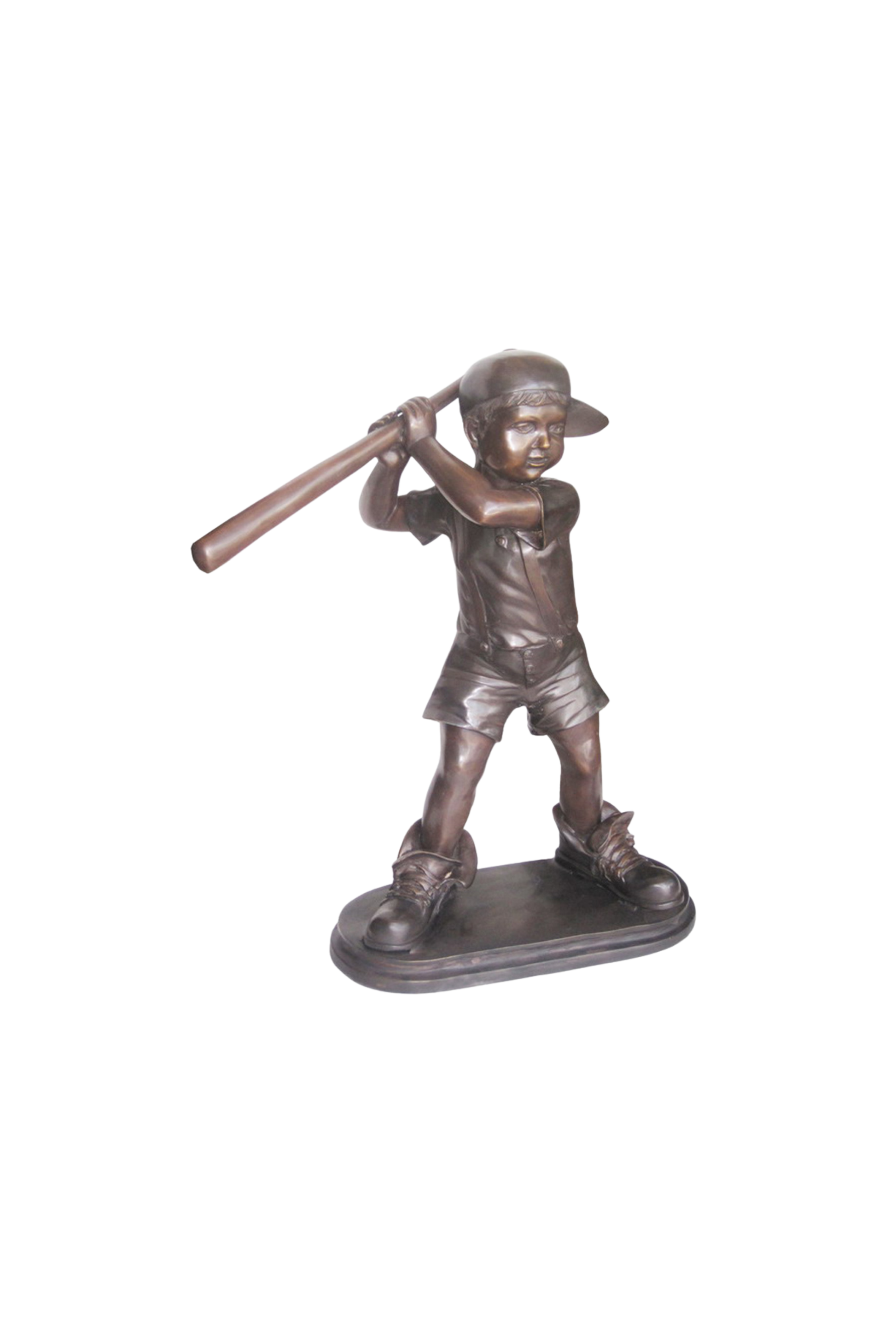 Bronze statue of a boy holding a baseball bat on a white background