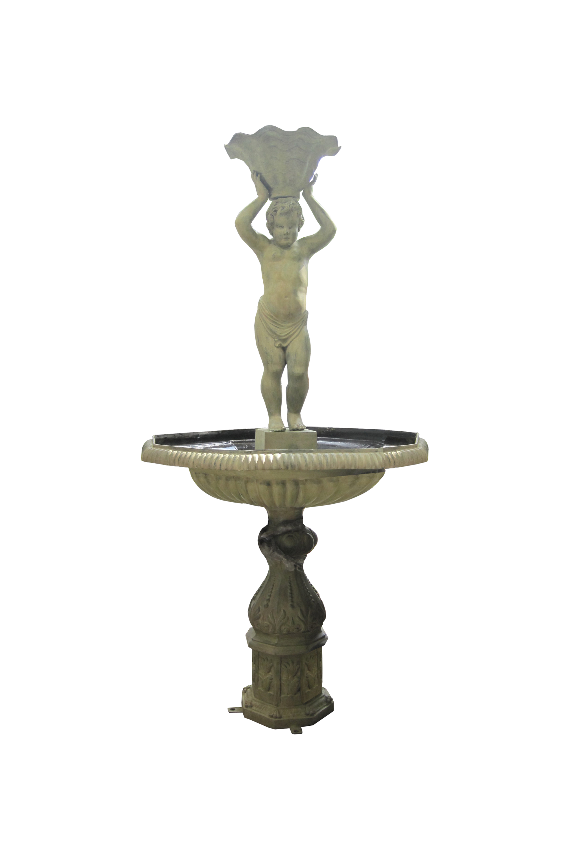 Decorative outdoor fountain with a figure holding a bowl on a white background