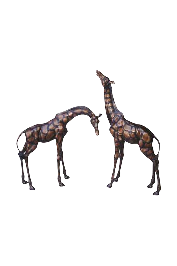 Two bronze giraffe sculptures on a white background