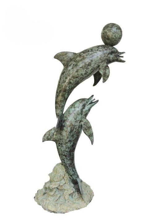 Luxury handmade furniture bronze statue of two dolphins in a playful pose, one with a ball on its head, perfect for modern luxury decor, on a white background.