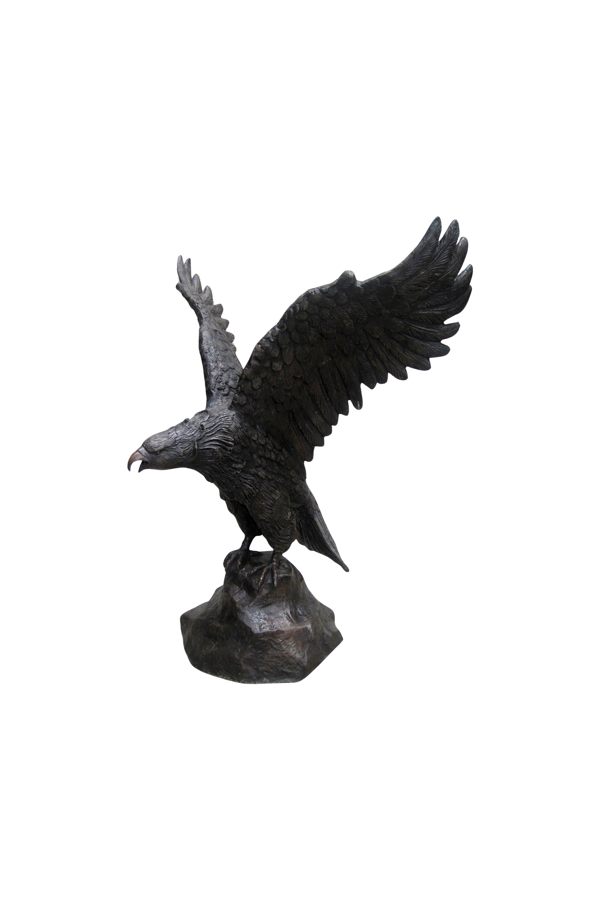 Bronze statue of an eagle with outstretched wings on a white background