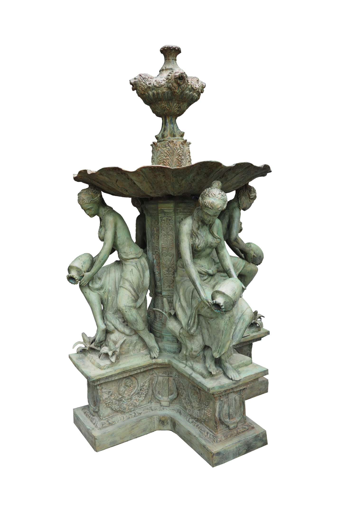 Decorative bronze fountain in green with 4 lady figures holding vases on a white background