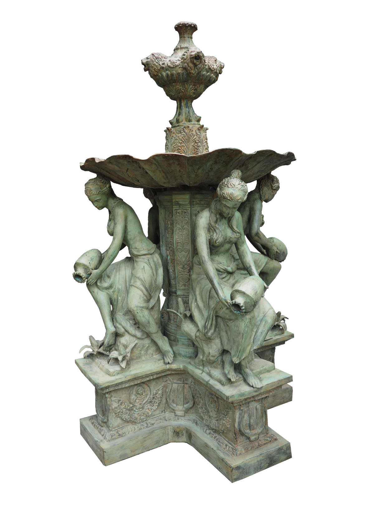 Decorative bronze fountain in green with 4 lady figures holding vases on a white background