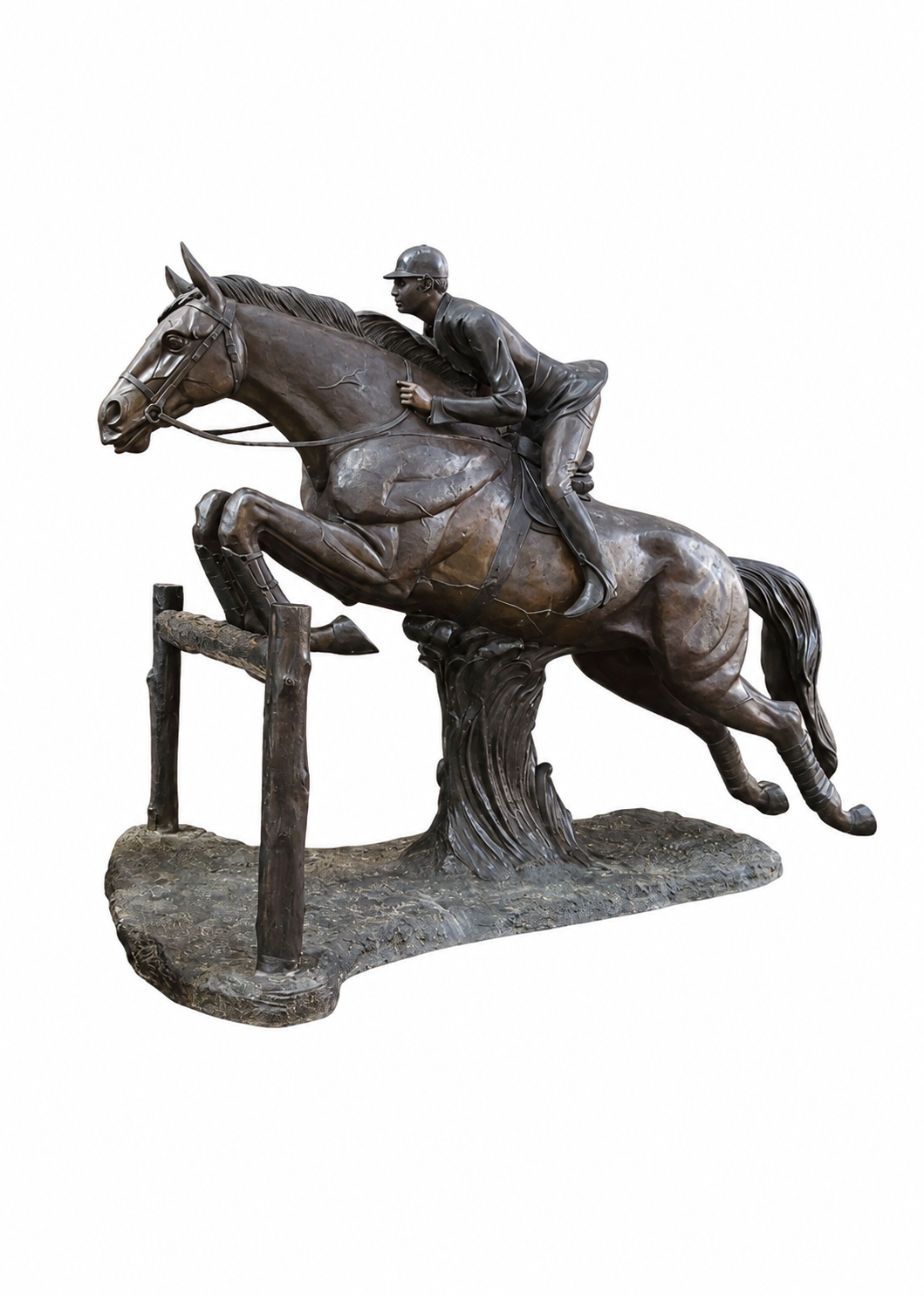A bronze equestrian sculpture depicting a horse in mid-jump with a rider, mounted on a textured base against a plain white background.