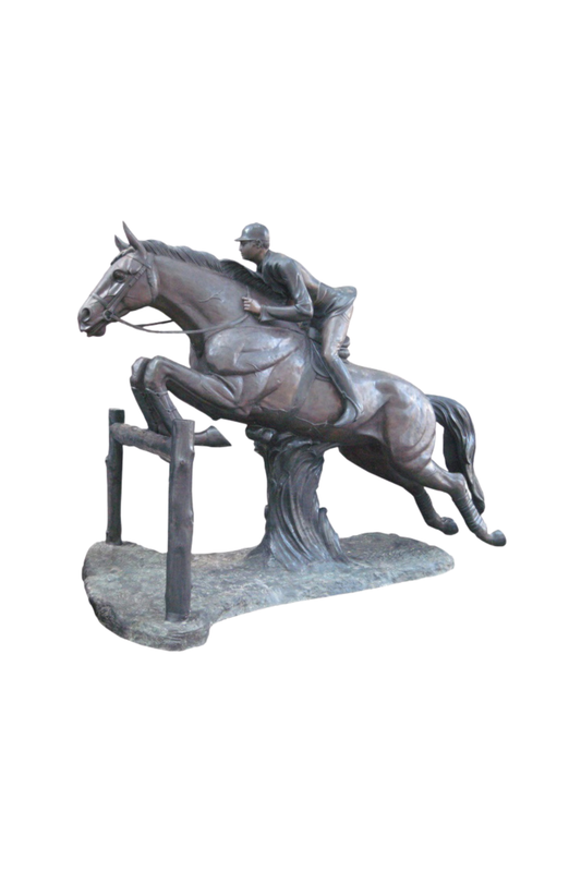 Bronze sculpture of a person riding a horse on a white background. 
