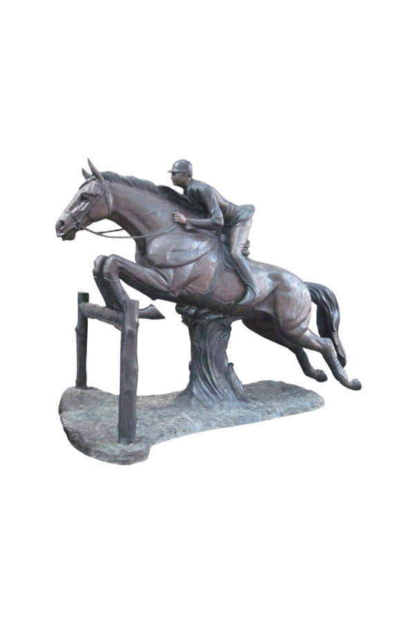 Bronze sculpture of a person riding a horse on a white background. 