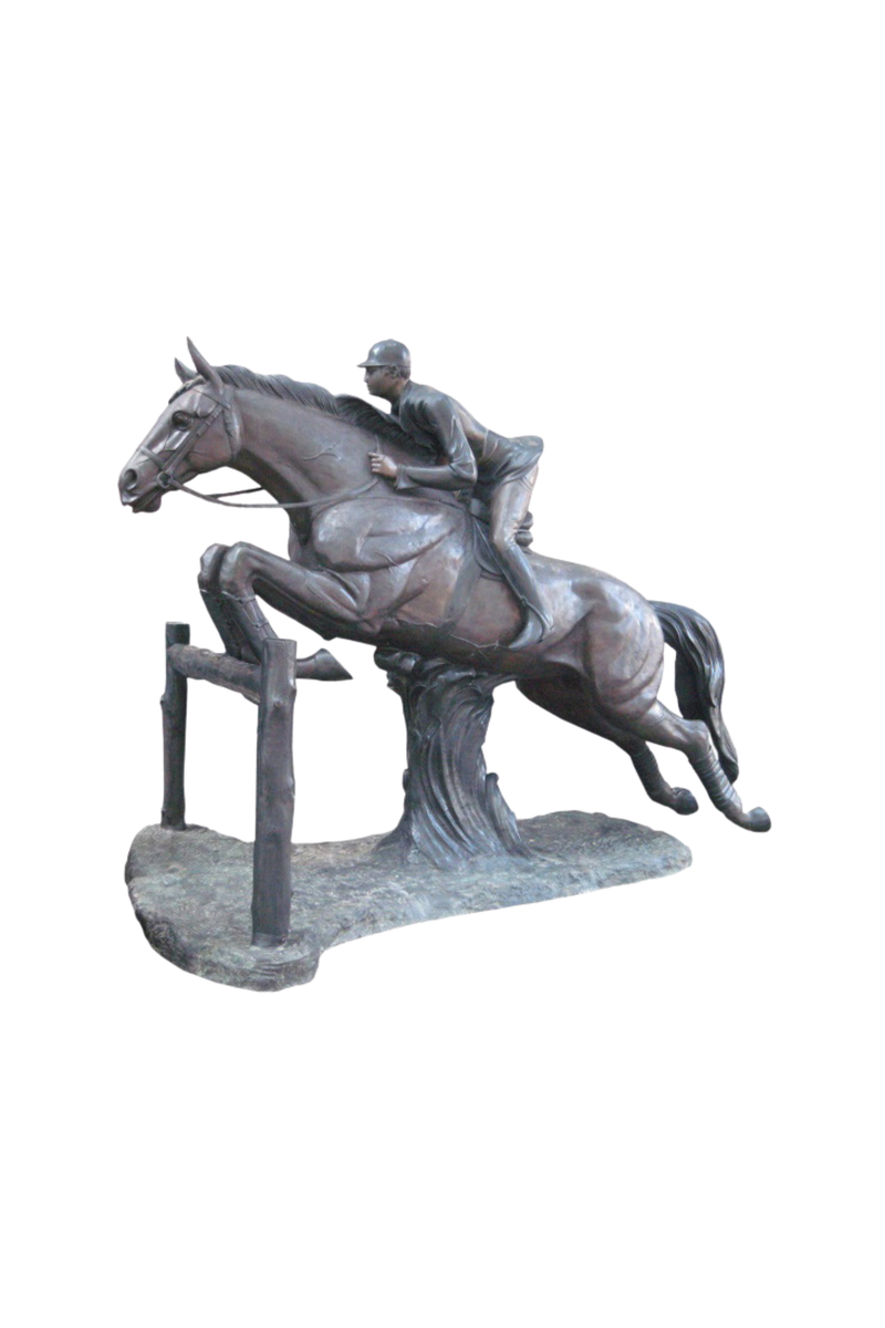 Bronze sculpture of a person riding a horse on a white background. 
