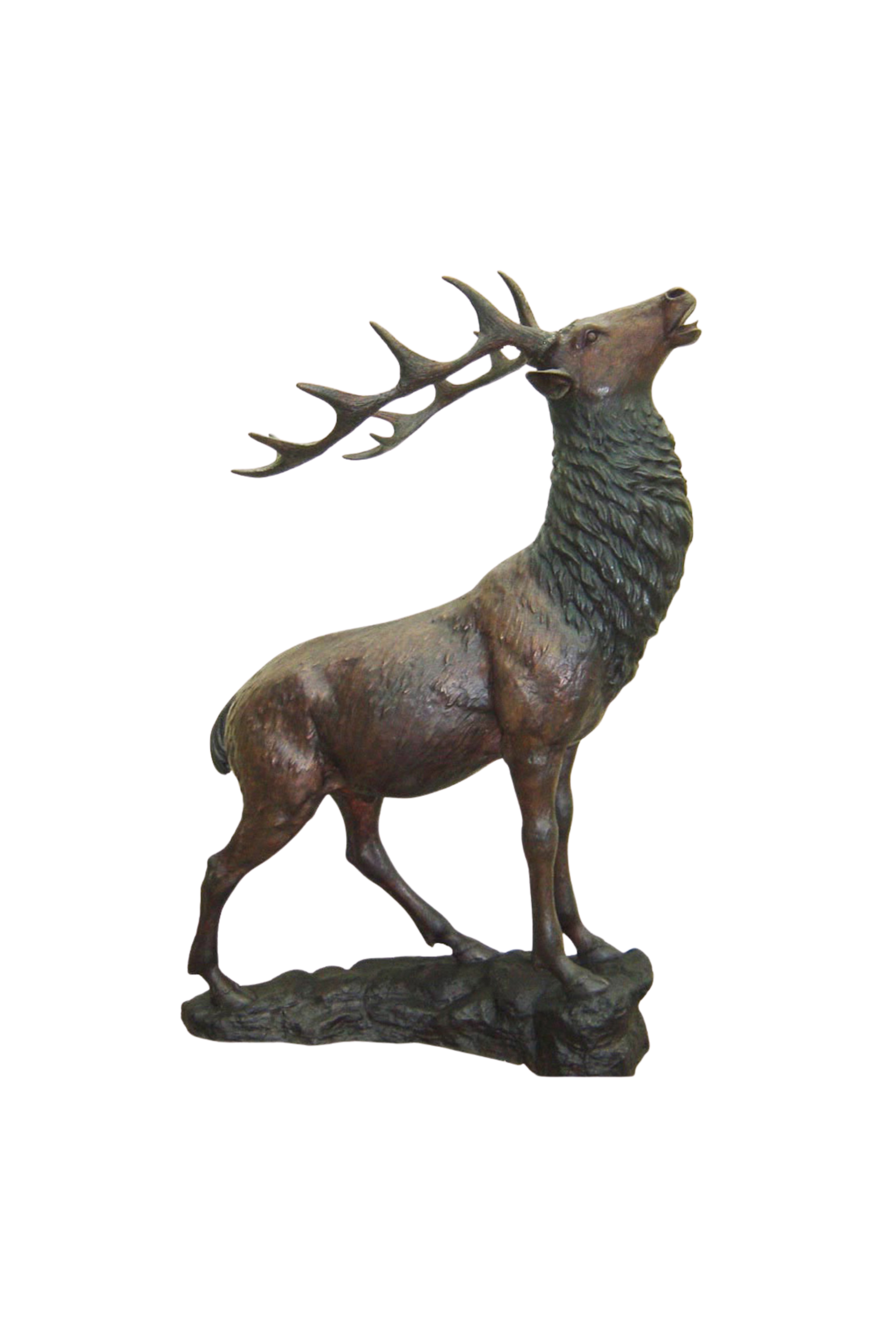 Bronze statue of a deer with large antlers on a white background