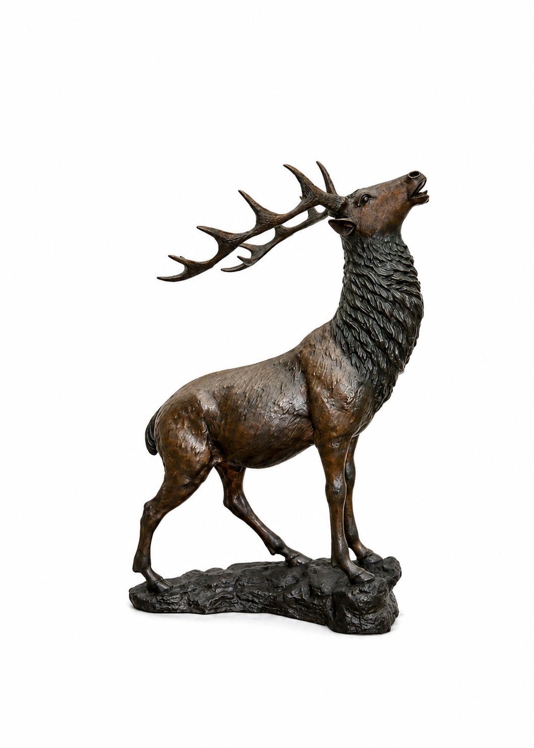 Bronze deer sculpture with large antlers, standing on a textured base against a plain white background.