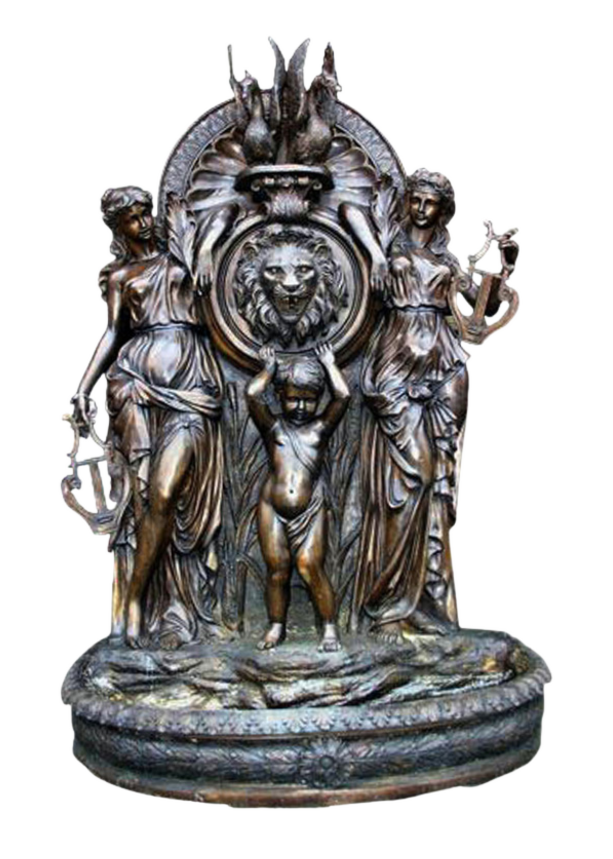 Bronze statue with figures and a central lion emblem on a white background