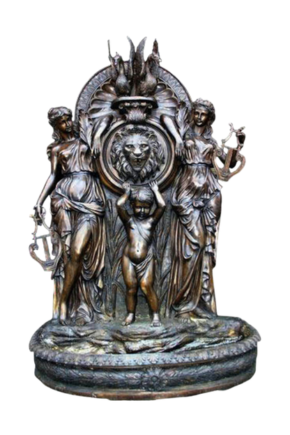 Bronze statue with figures and a central lion emblem on a white background