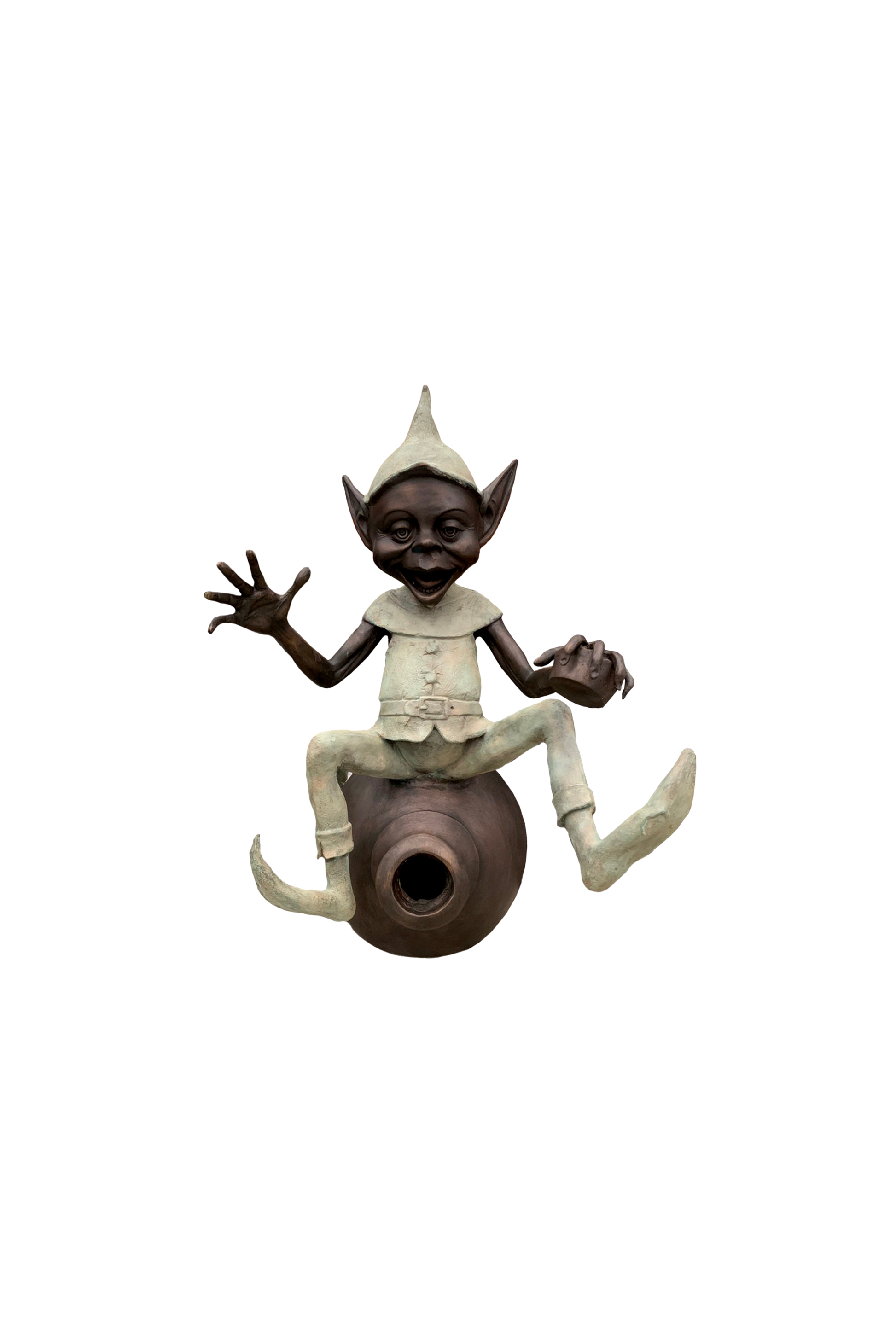 Bronze statue of a goblin sitting on a vase against a white background