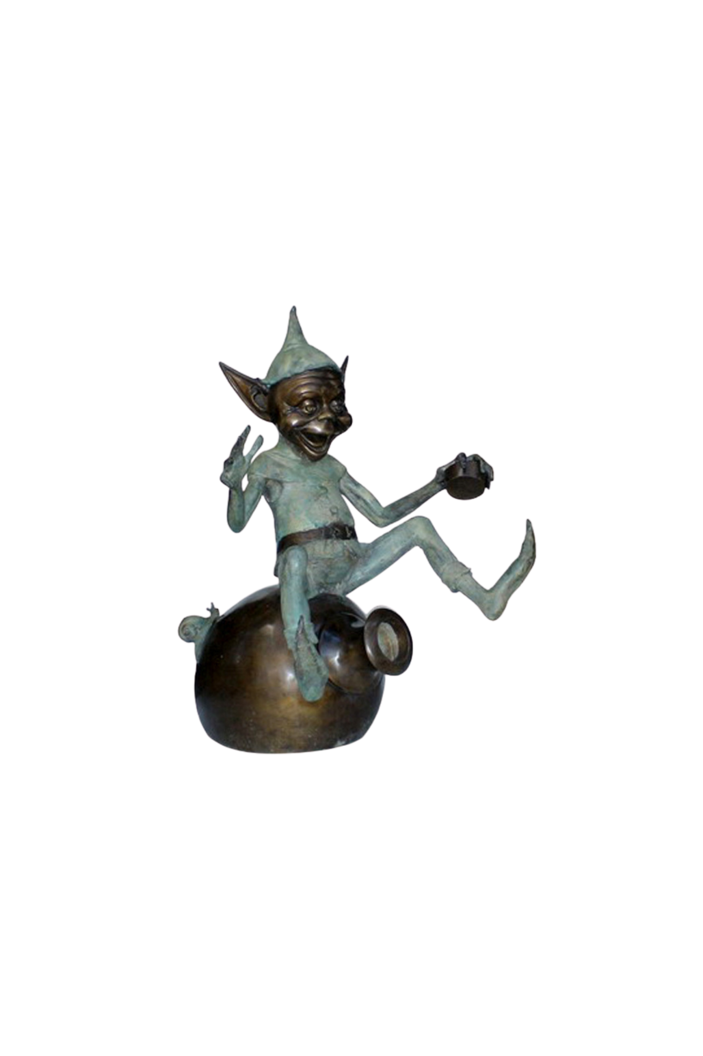 Bronze statue of a goblin sitting on a vase against a white background