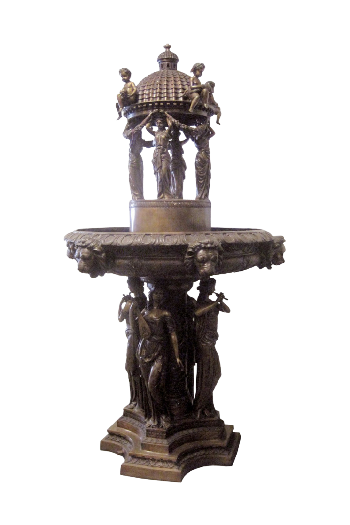 Bronze decorative fountain with classical figures on a white background