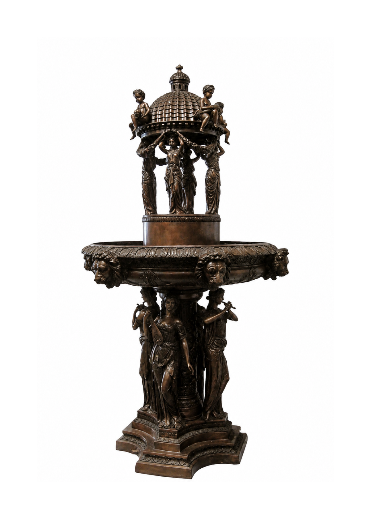 An ornate bronze-finished decorative fountain or pedestal sculpture featuring multiple classical figures supporting a tiered top and sculpted faces around the basin, shown on a plain white background.