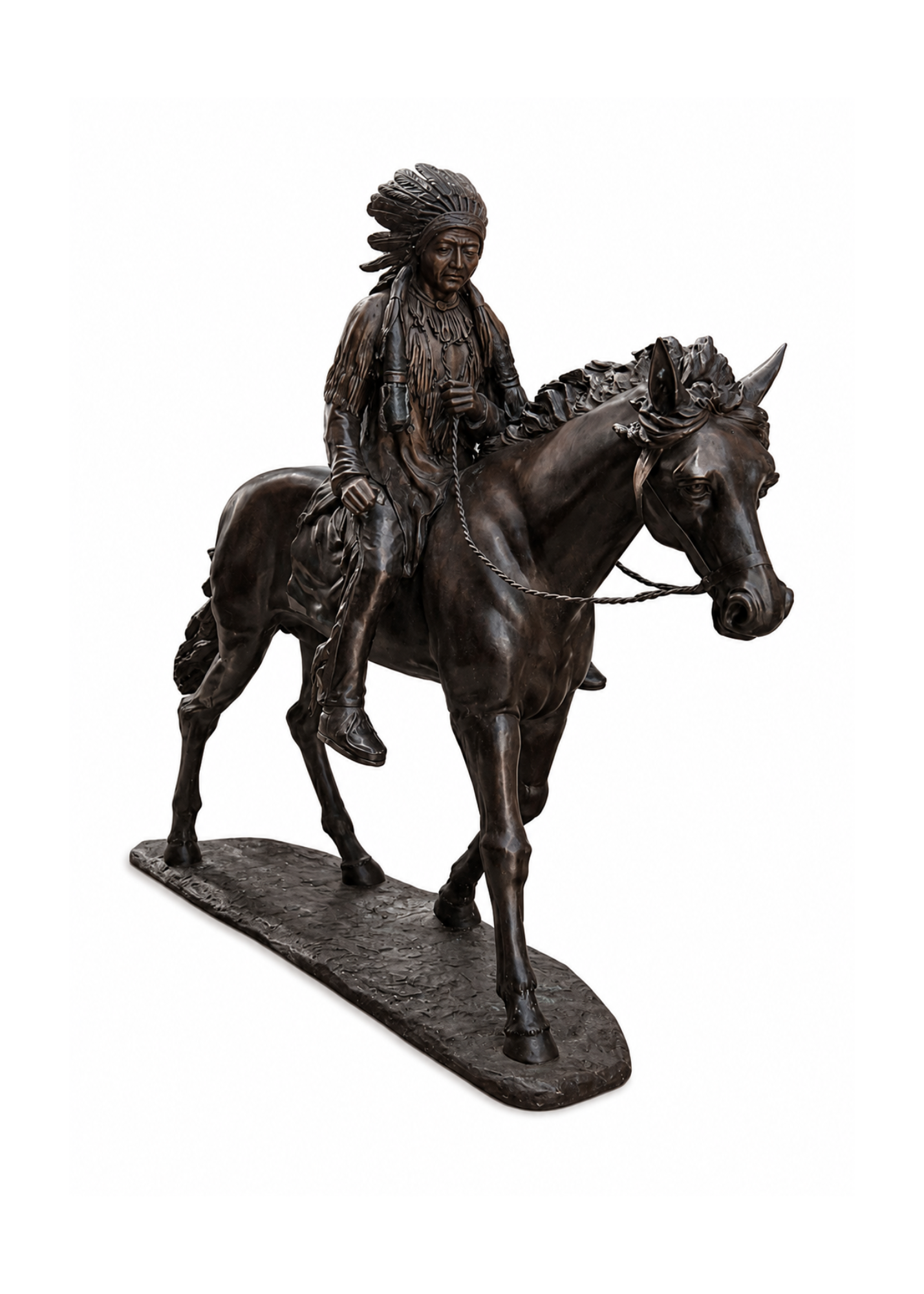 Bronze sculpture of a Native American rider on a horse, mounted on a rectangular base, shown against a plain white background.