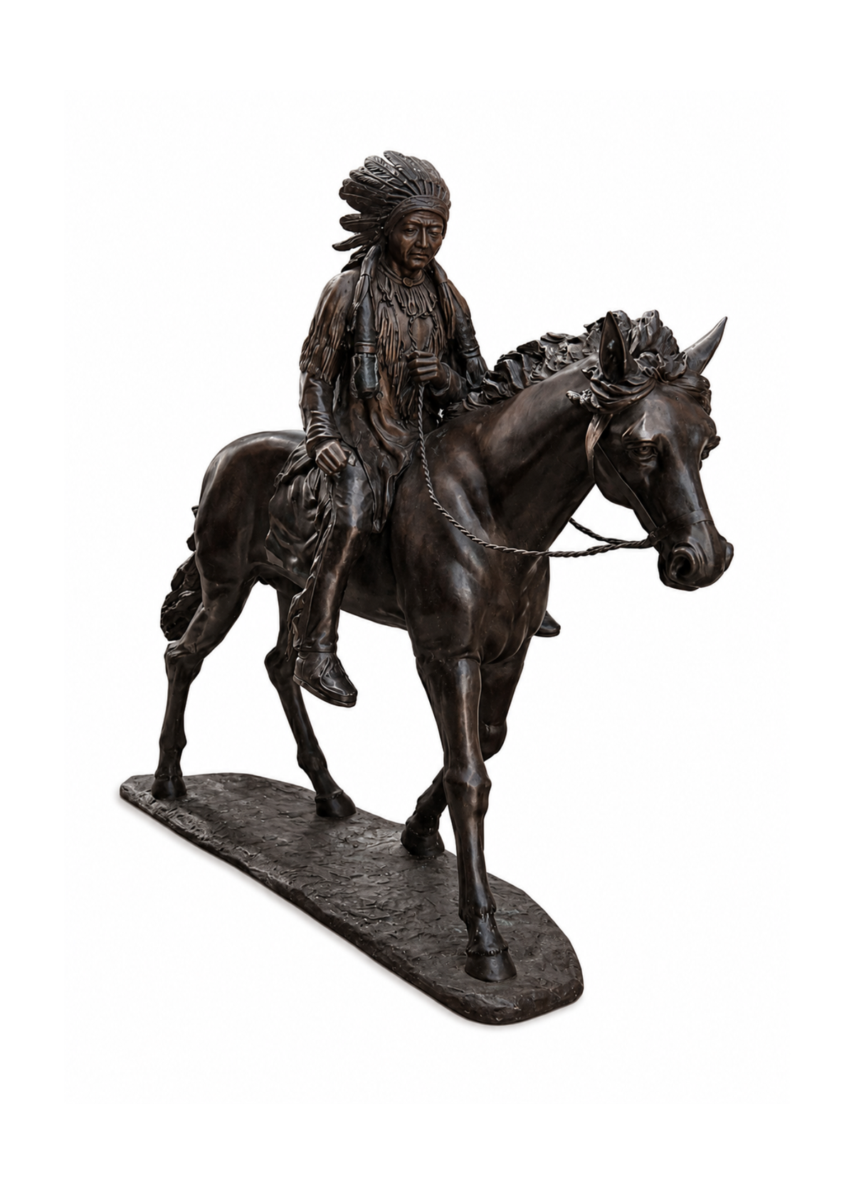 Bronze sculpture of a Native American rider on a horse, mounted on a rectangular base, shown against a plain white background.