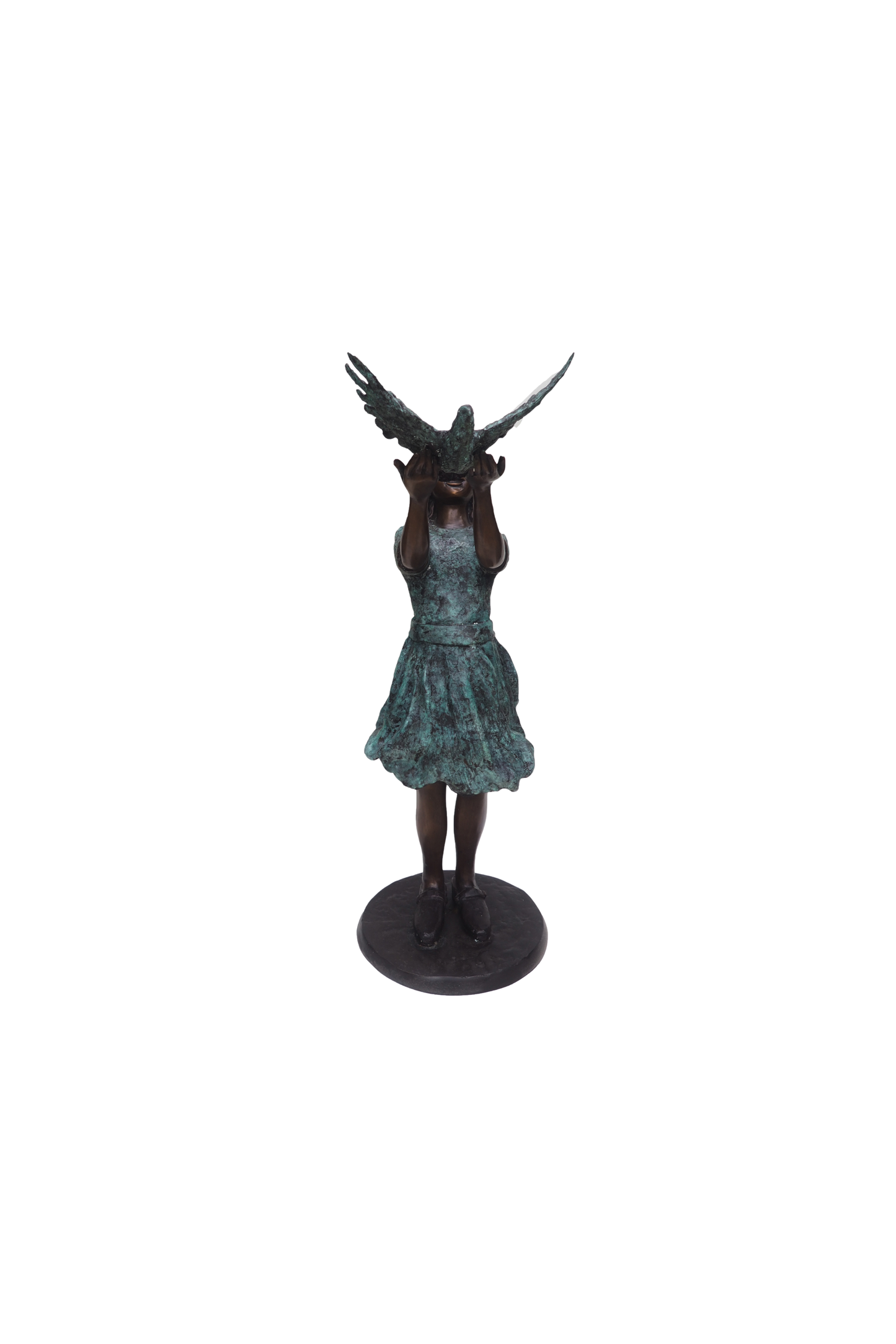 bronze Statue of a girl letting go of a bird on a white background