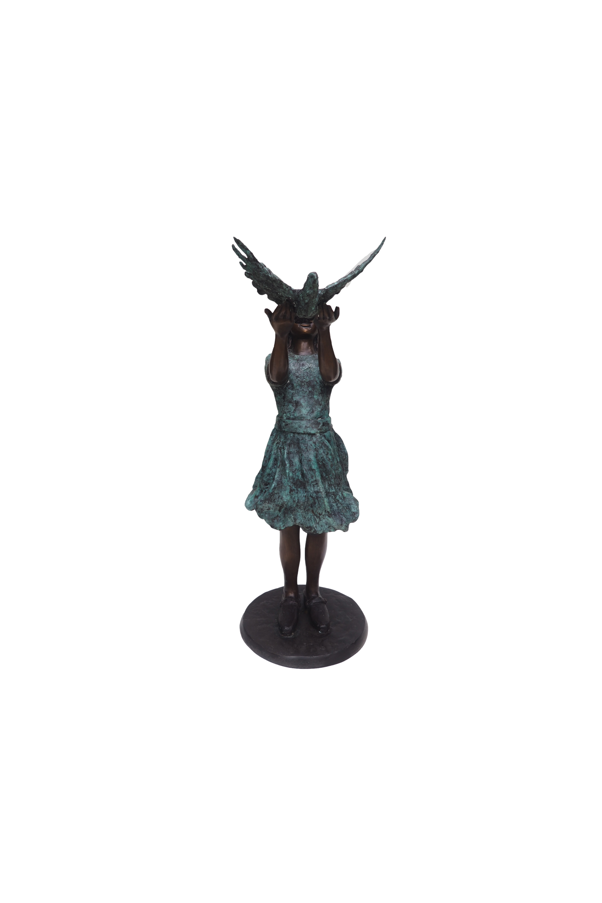 bronze Statue of a girl letting go of a bird on a white background