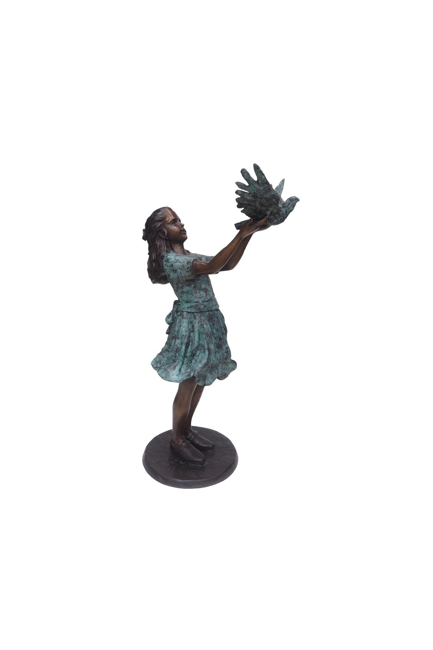bronze Statue of a girl letting go of a bird on a white background