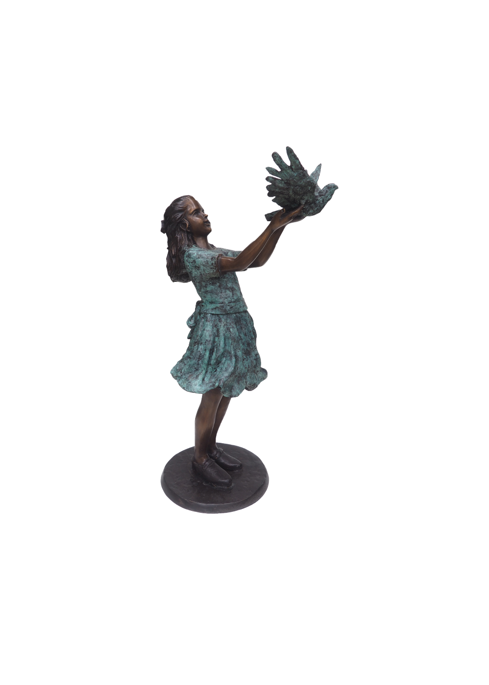 bronze Statue of a girl letting go of a bird on a white background