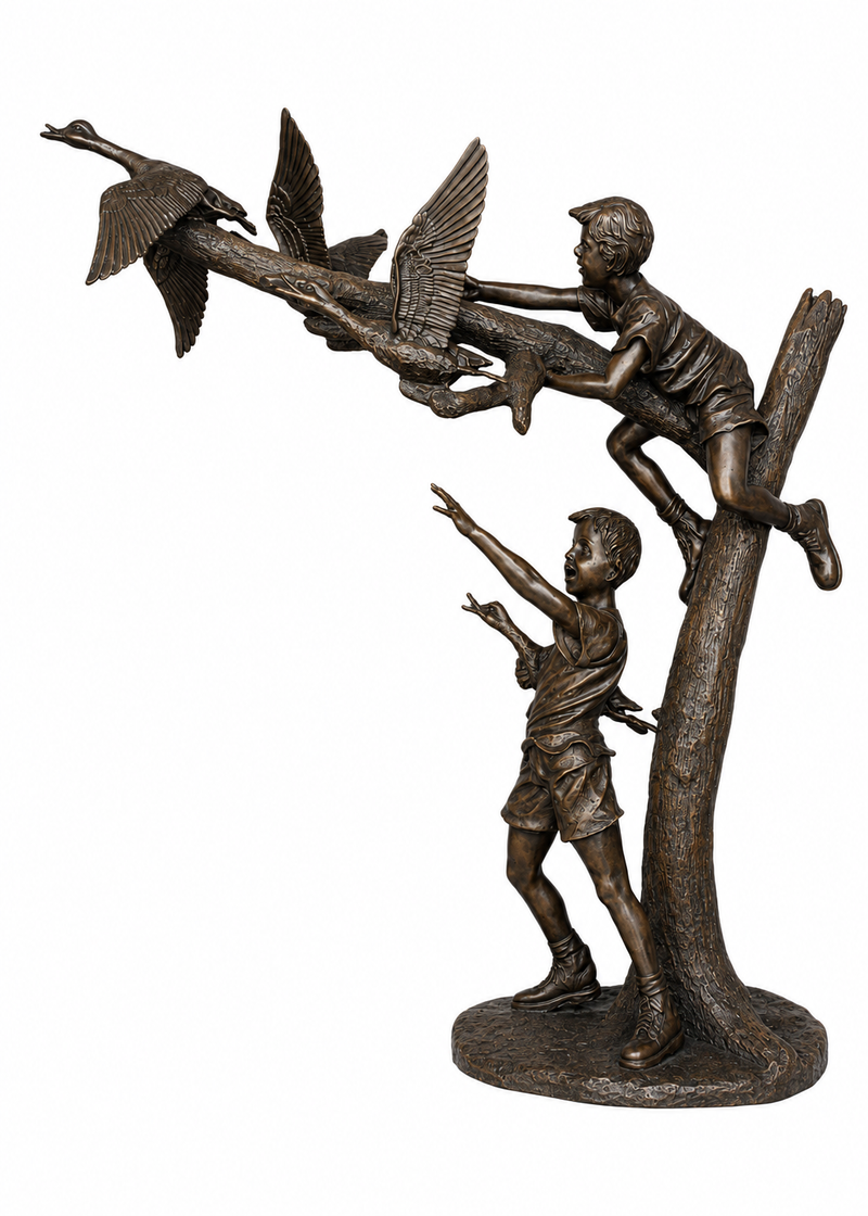 Bronze sculpture of two children fishing for ducks beside a tree, shown on a plain white background.
